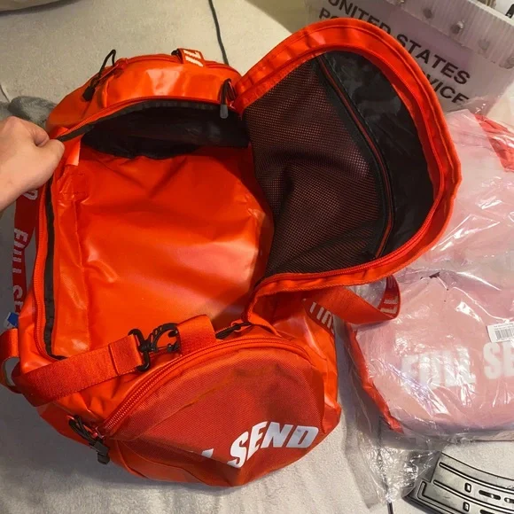 BRAND NEW IN PLASTIC, RED fullsend duffel bag. Comes with tags